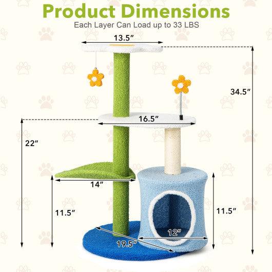 34.5 Inch 4-Tier Cute Cat Tree with Jingling Balls and Condo-Blue at Set Shop and Smile