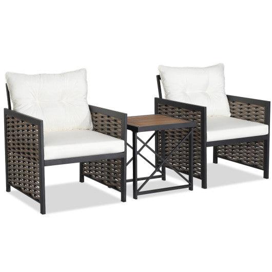 3 Pieces Patio Rattan Furniture Set with Acacia Wood Tabletop-White at Set Shop and Smile
