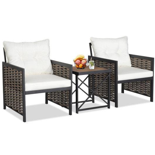 3 Pieces Patio Rattan Furniture Set with Acacia Wood Tabletop-White at Set Shop and Smile