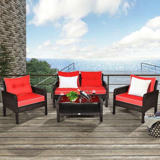 4 Pieces Outdoor Rattan Wicker Loveseat Furniture Set with Cushions-Red at Set Shop and Smile