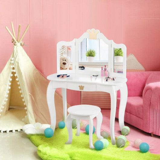 Kids Makeup Dressing Table with Tri-folding Mirror and Stool-White at Set Shop and Smile