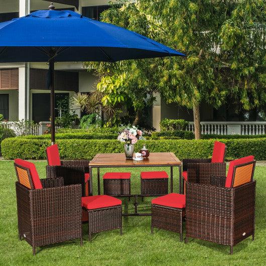 9 Pieces Patio Rattan Dining Cushioned Chairs Set-Red at Set Shop and Smile