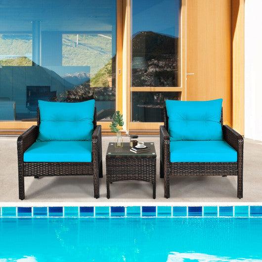 3 Pcs Outdoor Patio Rattan Conversation Set with Seat Cushions-Turquoise at Set Shop and Smile
