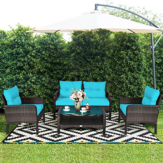4 Pieces Outdoor Rattan Wicker Loveseat Furniture Set with Cushions-Turquoise at Set Shop and Smile