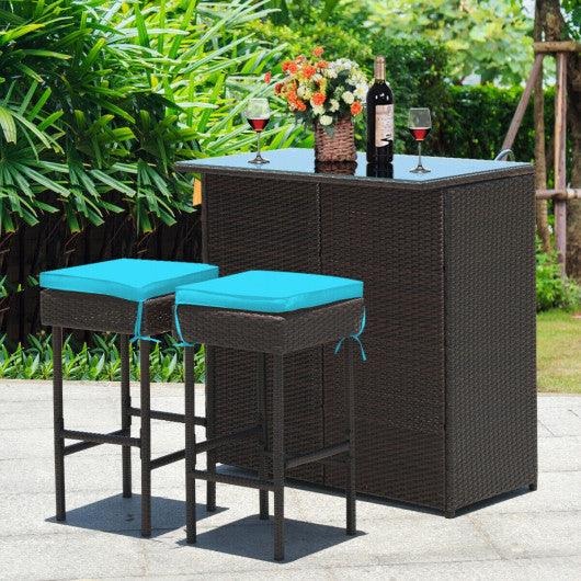 3PCS Patio Rattan Wicker Bar Table Stools Dining Set-Turquoise at Set Shop and Smile