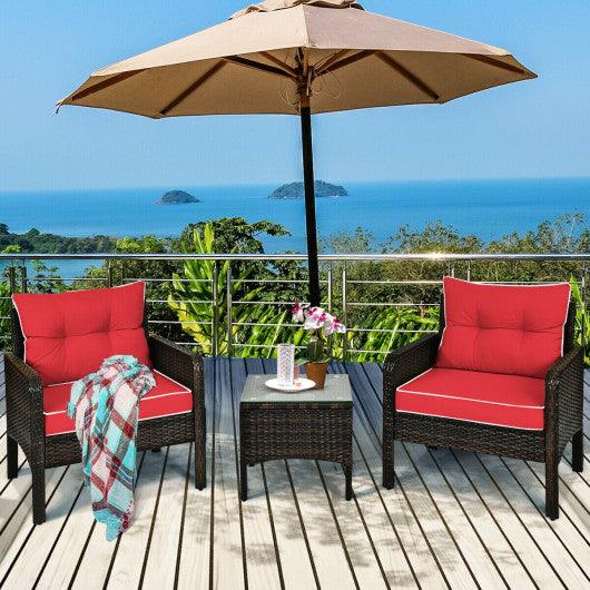 3 Pcs Outdoor Patio Rattan Conversation Set with Seat Cushions-Red at Set Shop and Smile