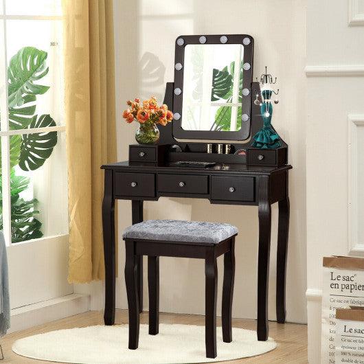 Vanity Dressing Table Set with 10 Dimmable Bulbs and Cushioned Stool-Brown at Set Shop and Smile