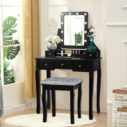 Vanity Dressing Table Set with 10 Dimmable Bulbs and Cushioned Stool-Black at Set Shop and Smile