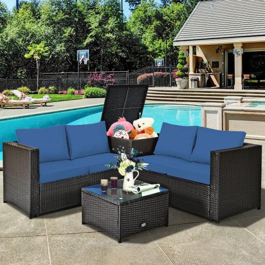 4 Pieces Outdoor Patio Rattan Furniture Set with Cushioned Loveseat and Storage Box-Navy at Set Shop and Smile