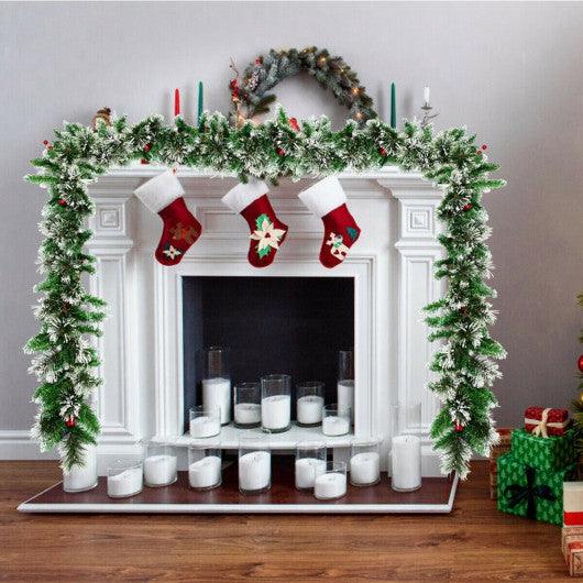9 Feet Pre-lit Snow Flocked Tips Christmas Garland with Red Berries at Set Shop and Smile