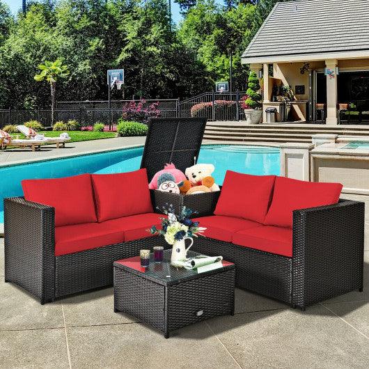 4 Pieces Outdoor Patio Rattan Furniture Set with Cushioned Loveseat and Storage Box-Red at Set Shop and Smile