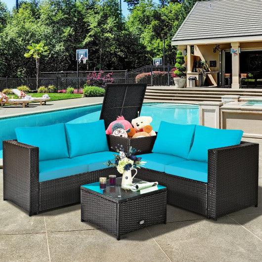 4 Pieces Outdoor Patio Rattan Furniture Set with Cushioned Loveseat and Storage Box-Turquoise at Set Shop and Smile