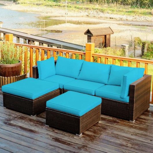 5 Pieces Patio Rattan Sectional Conversation Ottoman Furniture Set-Blue at Set Shop and Smile