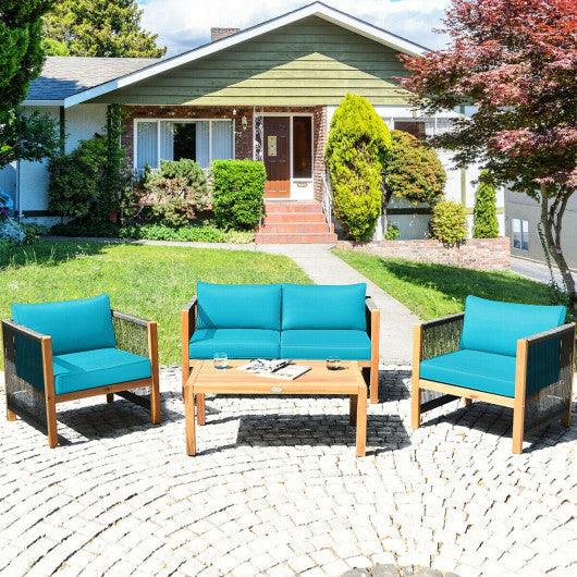 4 Pcs Acacia Wood Outdoor Patio Furniture Set with Cushions-Turquoise at Set Shop and Smile