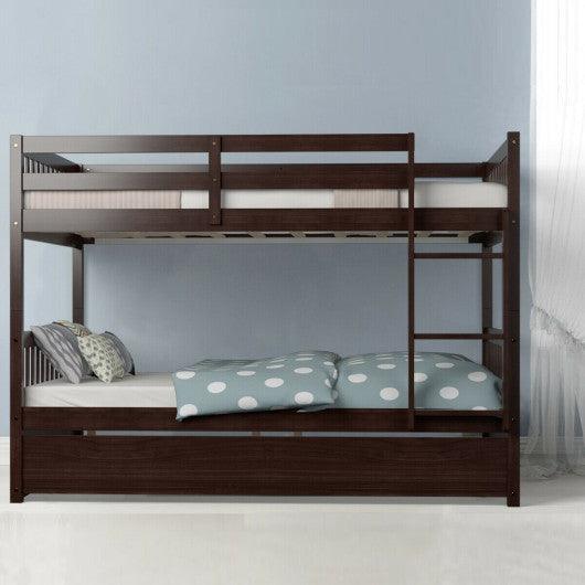 Full over Full Bunk Bed Platform Wood Bed with Ladder-Brown at Set Shop and Smile