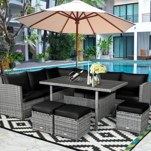7 Pieces Patio Rattan Dining Furniture Sectional Sofa Set with Wicker Ottoman-Black at Set Shop and Smile