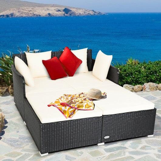 Spacious Outdoor Rattan Daybed with Upholstered Cushions and Pillows-White at Set Shop and Smile