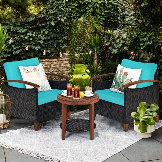 3 Pieces Patio Rattan Furniture Set with Washable Cushion and Acacia Wood Tabletop-Turquoise at Set Shop and Smile