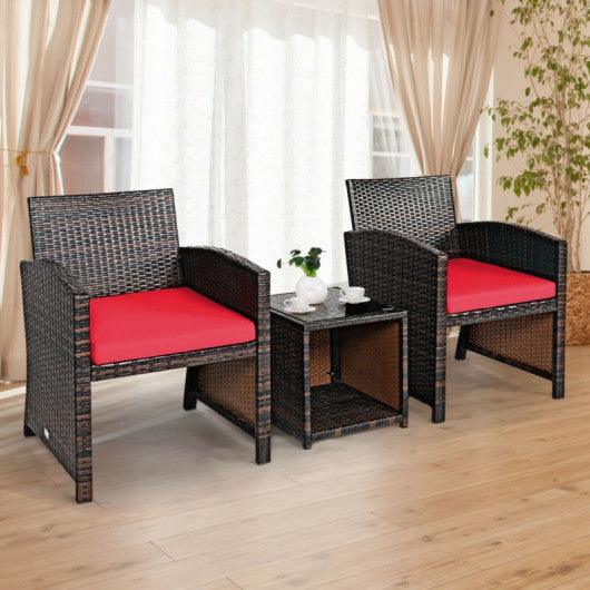 3 Pieces PE Rattan Wicker Furniture Set with Cushion Sofa Coffee Table for Garden-Red at Set Shop and Smile