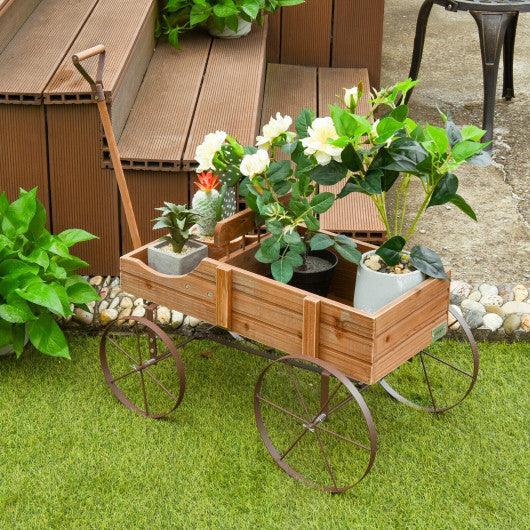 Wooden Wagon Plant Bed With Wheel for Garden Yard-Brown at Set Shop and Smile