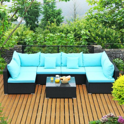 7-Piece Outdoor Sectional Wicker Patio Sofa Set with Tempered Glass Top-Blue at Set Shop and Smile