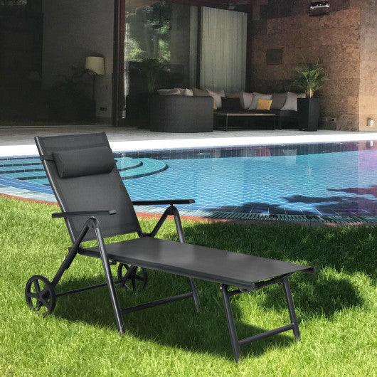 Patio Lounge Chair with Wheels Neck Pillow Aluminum Frame Adjustable-Gray at Set Shop and Smile
