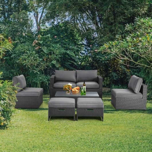 6 Pieces Patio Rattan Furniture Set with Glass Table and Cushioned Seat-Gray at Set Shop and Smile