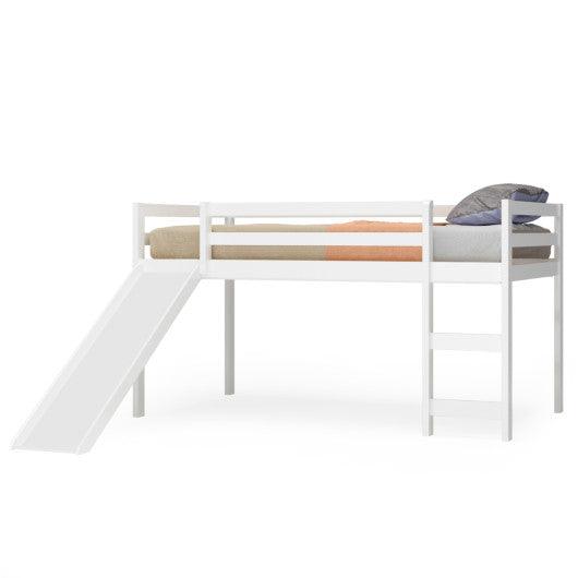 Twin Size Low Sturdy Loft Bed with Slide Wood-White at Set Shop and Smile