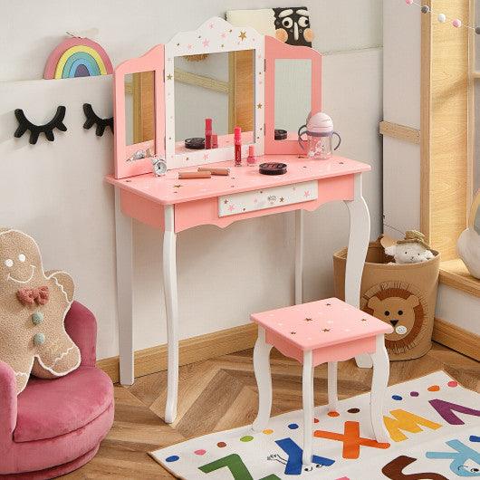 Kids Princess Vanity Table and Stool Set with Tri-folding Mirror and Drawer-Pink at Set Shop and Smile
