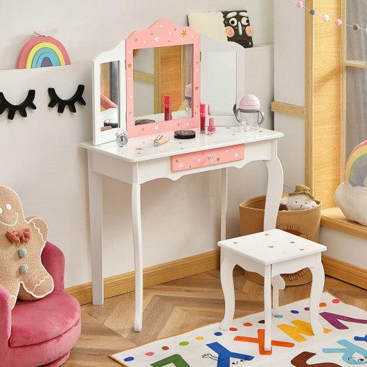 Kids Princess Vanity Table and Stool Set with Tri-folding Mirror and Drawer-White at Set Shop and Smile
