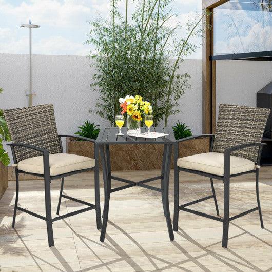 3 Pieces Patio Rattan Bar Furniture Set with Slat Table and 2 Cushioned Stools-Gray at Set Shop and Smile