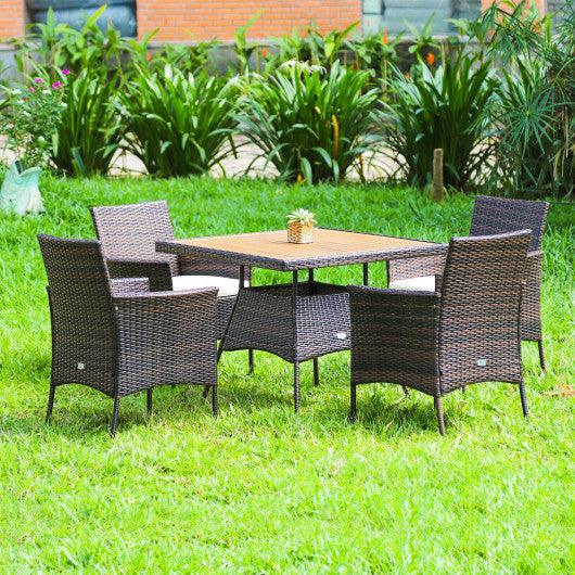 5 Pieces Patio Rattan Dining Furniture Set with Arm Chair and Wooden Table Top at Set Shop and Smile