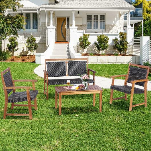 4 Pieces Outdoor Patio Rattan Furniture Sofa Set with Acacia Wood Frame at Set Shop and Smile
