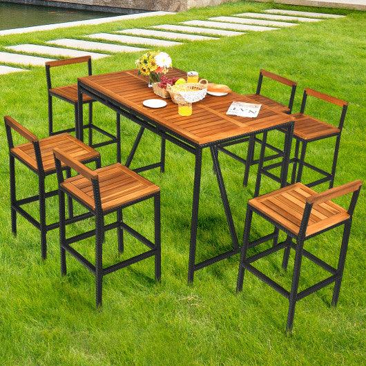 7 Pieces Acacia Wood Patio Rattan Bar Set with Umbrella Hole at Set Shop and Smile