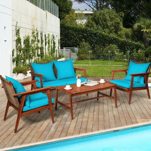 4 Pieces Acacia Wood Patio Rattan Furniture Set-Turquoise at Set Shop and Smile