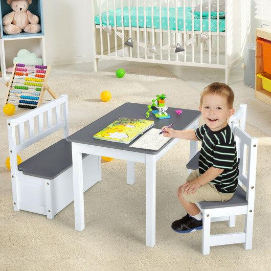 4 Pieces Kids Wooden Activity Table and Chairs Set with Storage Bench and Study Desk-Gray at Set Shop and Smile