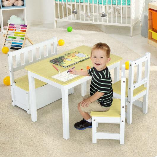 4 Pieces Kids Wooden Activity Table and Chairs Set with Storage Bench and Study Desk-Natural at Set Shop and Smile