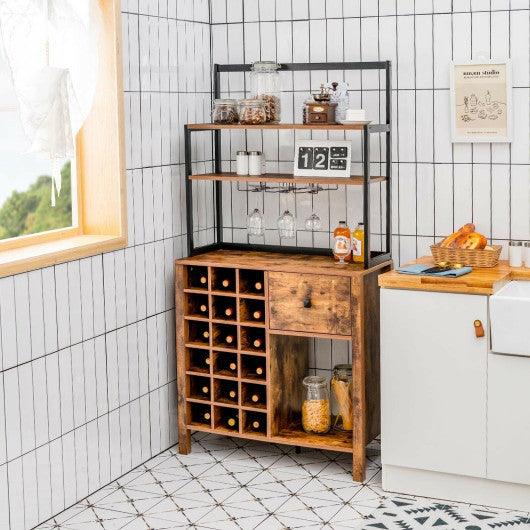 Kitchen Bakers Rack Freestanding Wine Rack Table with Glass Holder and Drawer-Rustic Brown at Set Shop and Smile