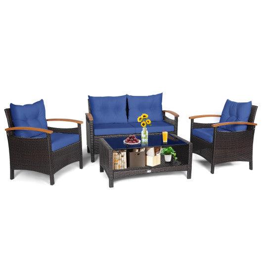 4 Pieces Patio Rattan Furniture Set with Cushioned Sofa and Storage Table-Navy at Set Shop and Smile