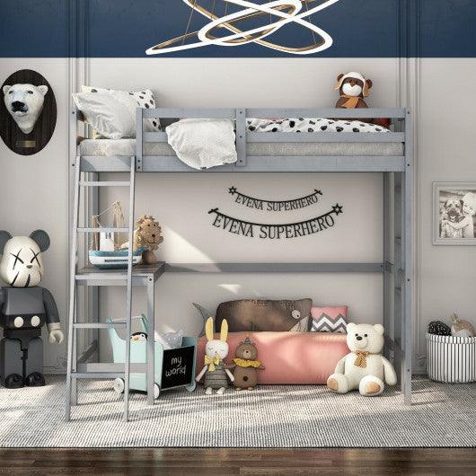 Twin Size Loft Bed Frame with Desk Angled and Built-in Ladder-Gray at Set Shop and Smile