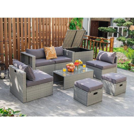 8 Pieces Patio Rattan Furniture Set with Storage Waterproof Cover and Cushion-Gray at Set Shop and Smile
