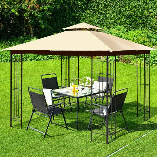 10 x 10 Feet L-Shaped Patio Canopy Gazebo Outdoor 2-Tier Steel Tent-Beige at Set Shop and Smile