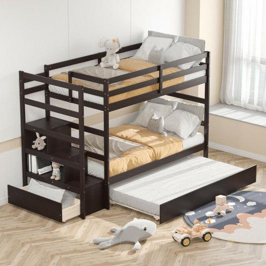 Twin Over Twin Bunk Bed with Storage Shelf and Drawer-Dark Brown at Set Shop and Smile