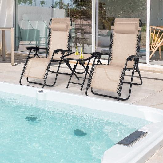 3 Pieces Folding Portable Zero Gravity Reclining Lounge Chairs Table Set-Beige at Set Shop and Smile