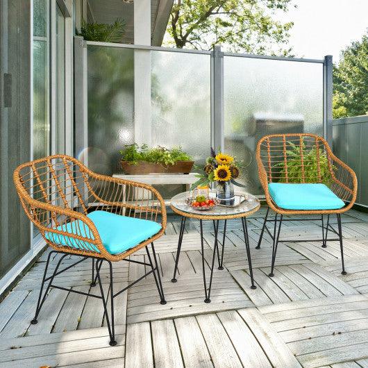 3 Pieces Rattan Furniture Set with Cushioned Chair Table-Turquoise at Set Shop and Smile