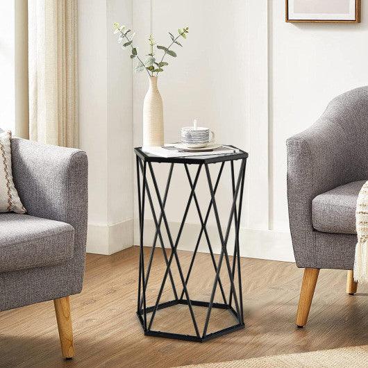 Hexagonal Accent End Table with Tempered Glass Top and Metal Frame at Set Shop and Smile