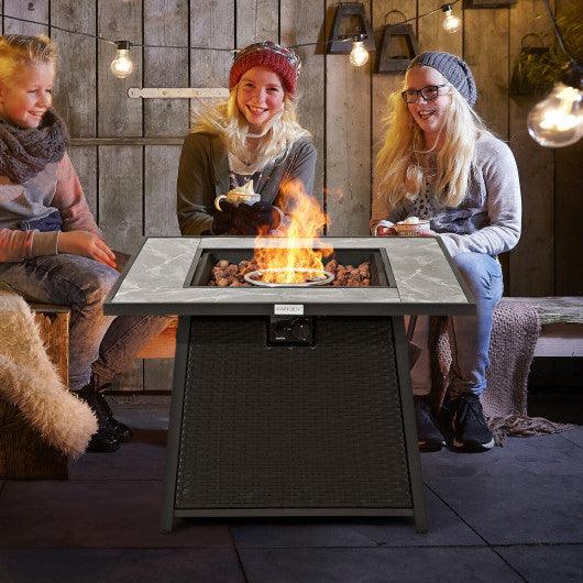 35 Inch Propane Gas Fire Pit Table Wicker Rattan with Lava Rocks PVC Cover-Black at Set Shop and Smile