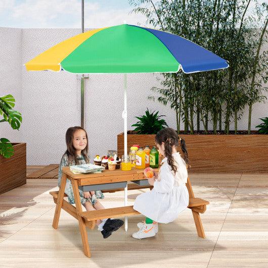 3-in-1 Kids Outdoor Picnic Water Sand Table with Umbrella Play Boxes-Yellow at Set Shop and Smile