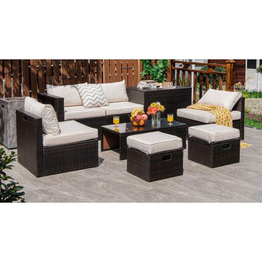 8 Pieces Patio Space-Saving Rattan Furniture Set with Storage Box and Waterproof Cover-White at Set Shop and Smile