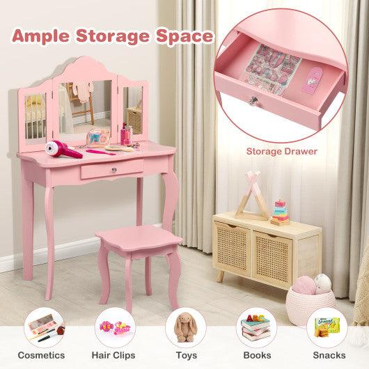 Kids Makeup Dressing Mirror Vanity Table Stool Set-Pink at Set Shop and Smile